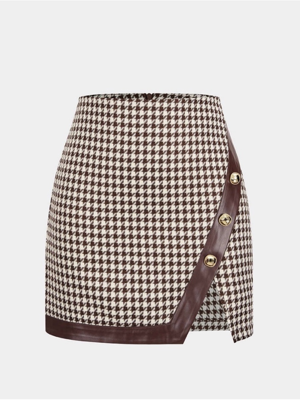 Micas Houndstooth Print Faux Leather Patchwork Asymmetrical Side Split Skirt